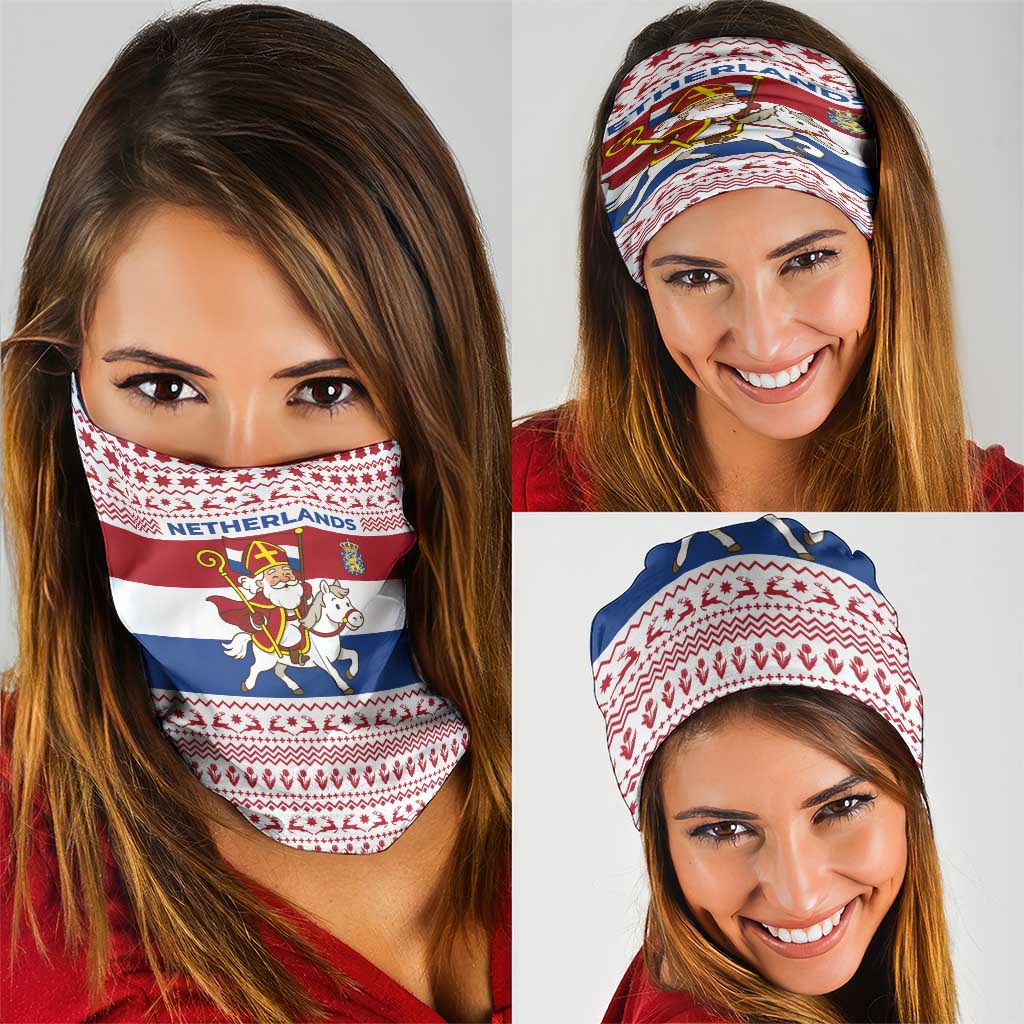 Netherlands Christmas Neck Gaiter with Sinterklaas Horse Dutch Flag and Festive Knit Pattern TS04