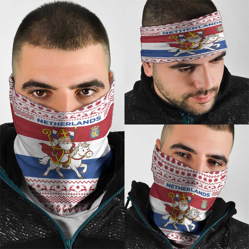 Netherlands Christmas Neck Gaiter with Sinterklaas Horse Dutch Flag and Festive Knit Pattern TS04