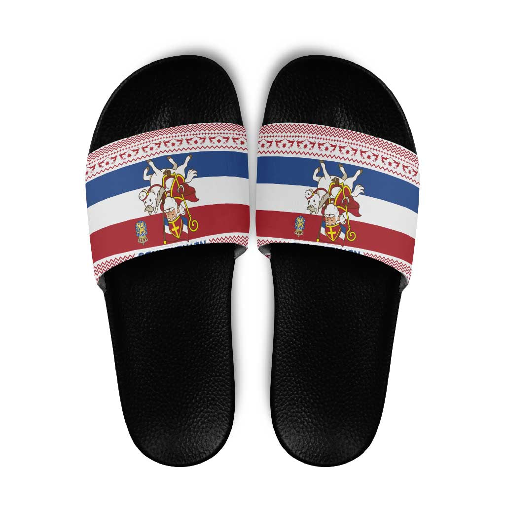 Netherlands Christmas Slide Sandals with Sinterklaas Horse Dutch Flag and Festive Knit Pattern TS04
