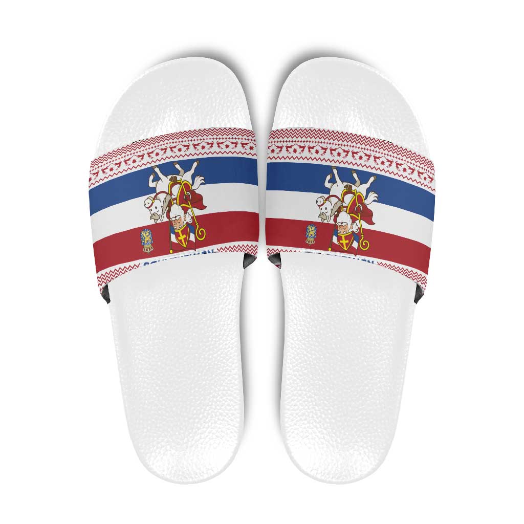Netherlands Christmas Slide Sandals with Sinterklaas Horse Dutch Flag and Festive Knit Pattern TS04