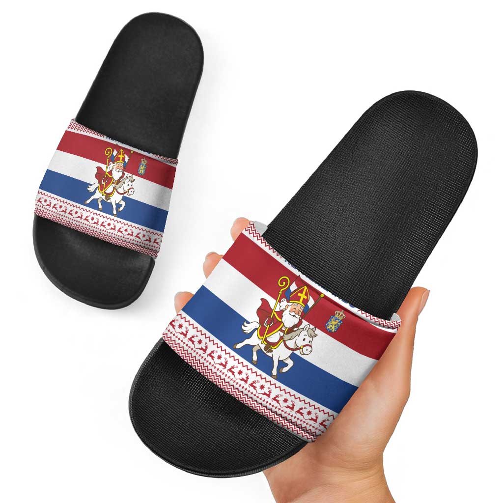 Netherlands Christmas Slide Sandals with Sinterklaas Horse Dutch Flag and Festive Knit Pattern TS04