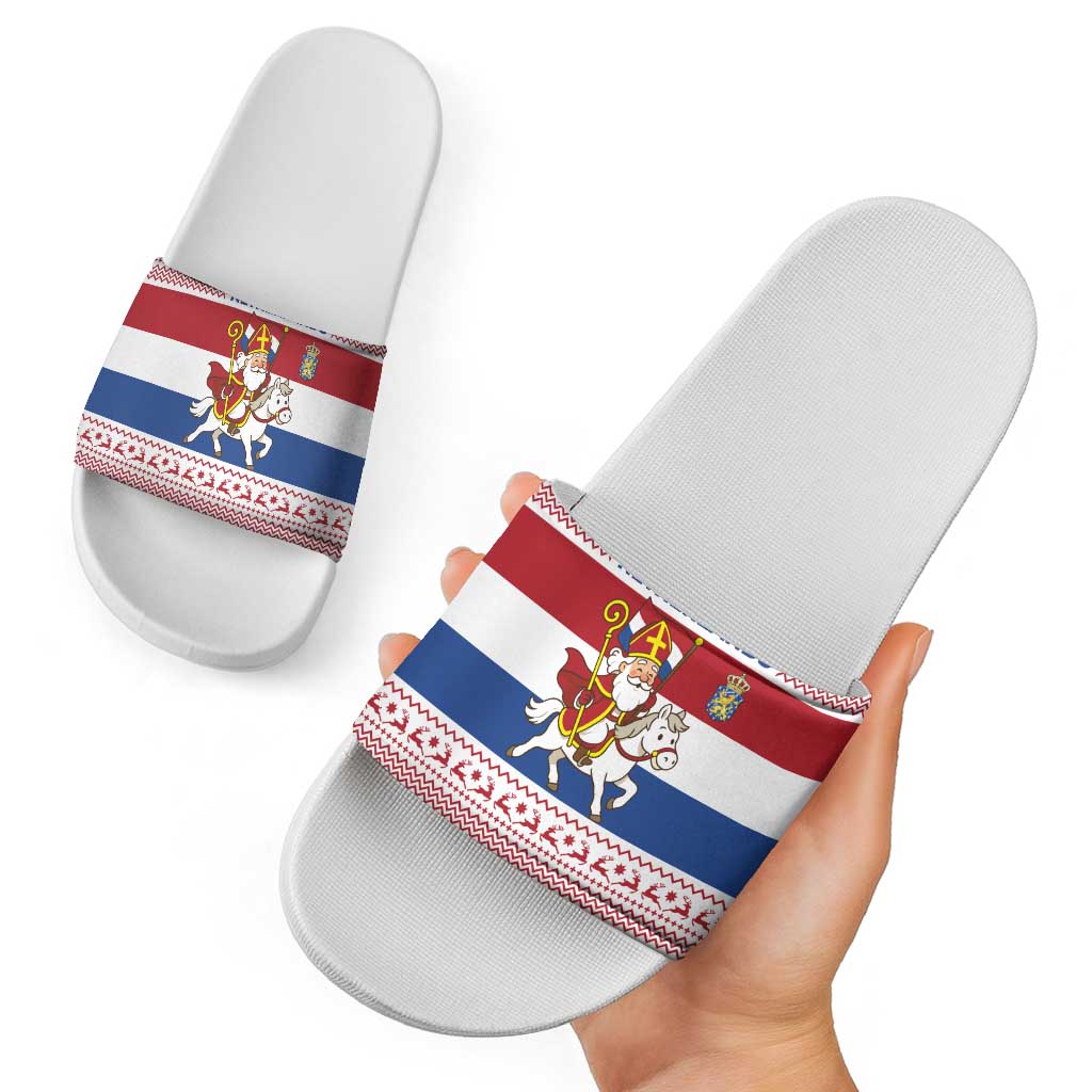 Netherlands Christmas Slide Sandals with Sinterklaas Horse Dutch Flag and Festive Knit Pattern TS04