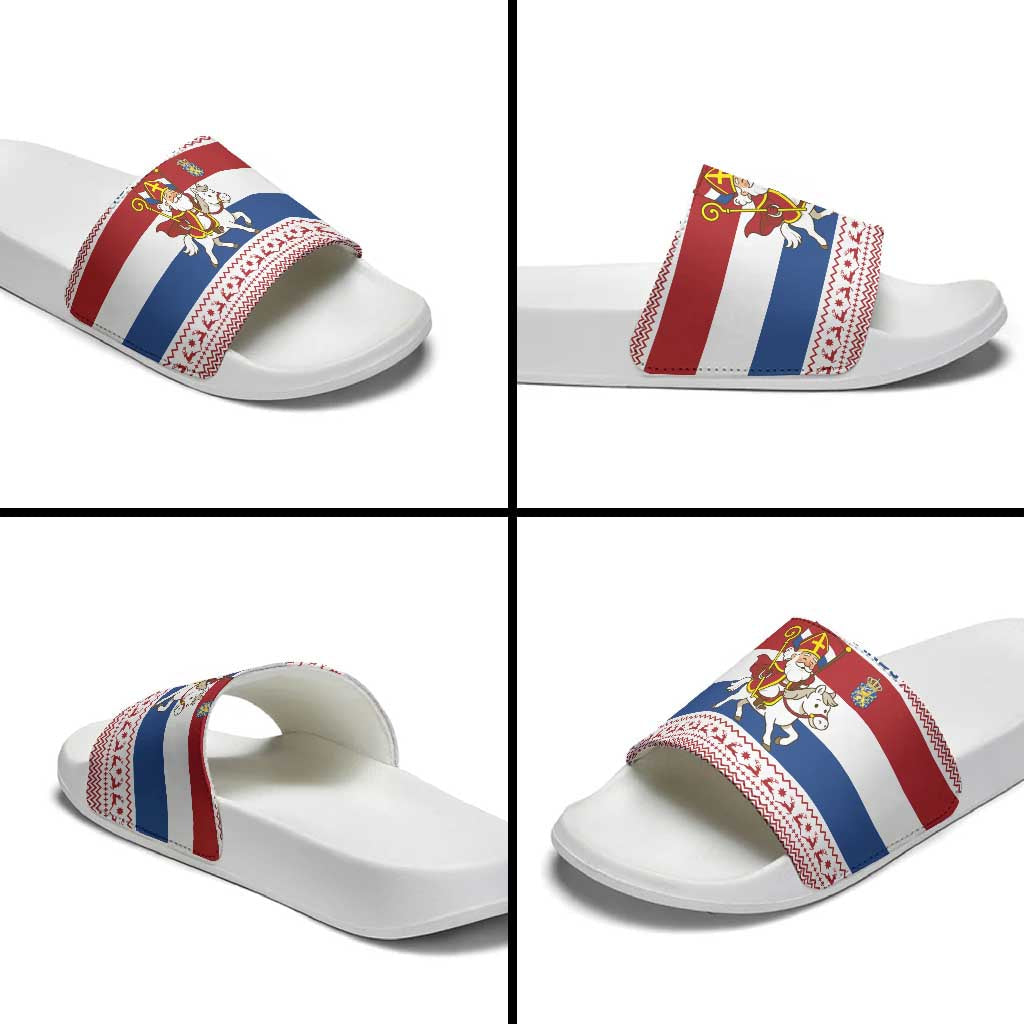 Netherlands Christmas Slide Sandals with Sinterklaas Horse Dutch Flag and Festive Knit Pattern TS04