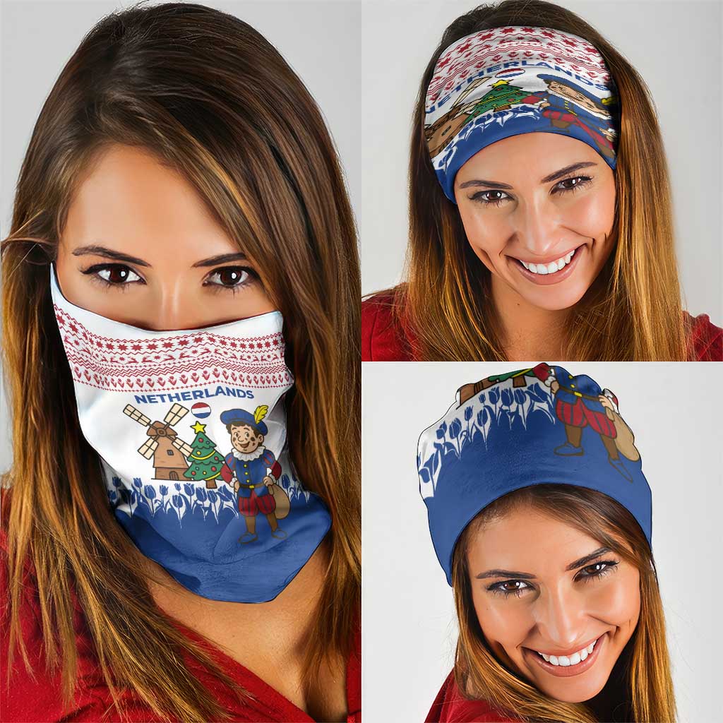 Netherlands Christmas Neck Gaiter with Christmas Tree Windmill Piet Character and Tulip Pattern TS04