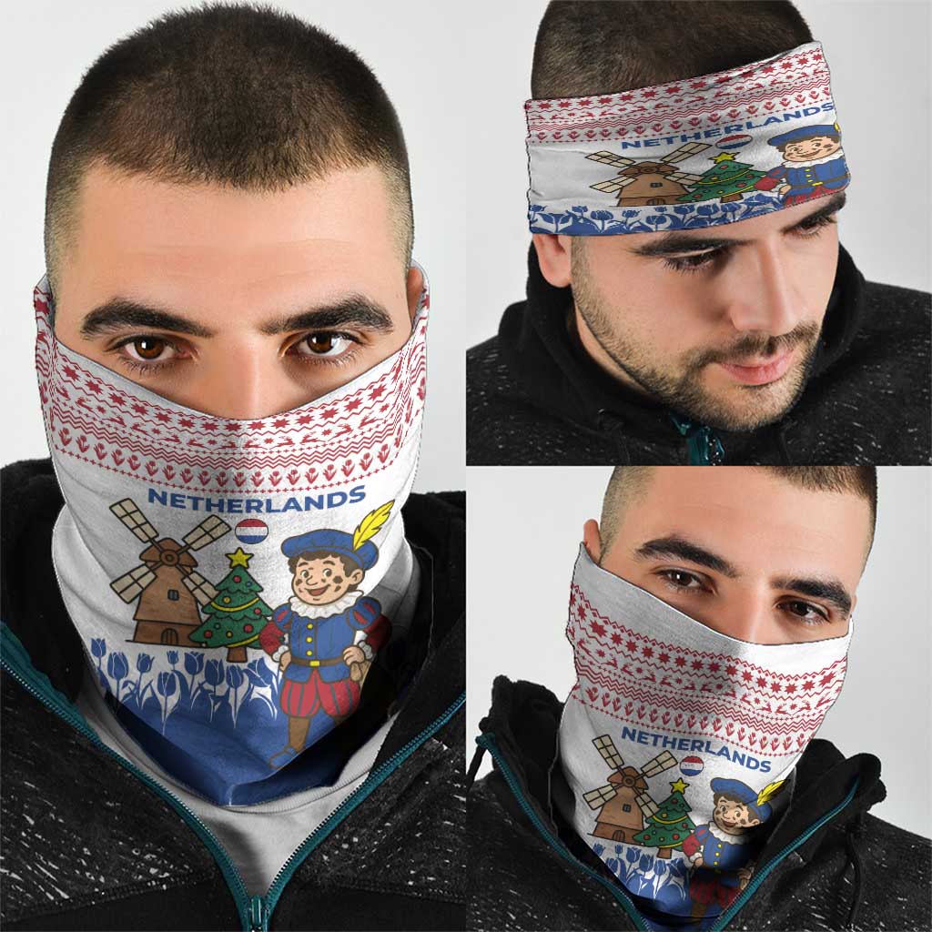 Netherlands Christmas Neck Gaiter with Christmas Tree Windmill Piet Character and Tulip Pattern TS04