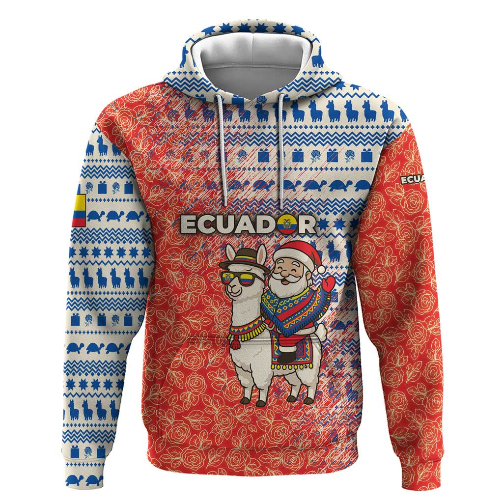 Ecuador Christmas Hoodie with Santa Riding Llama Traditional Patterns and Rose Design TS04