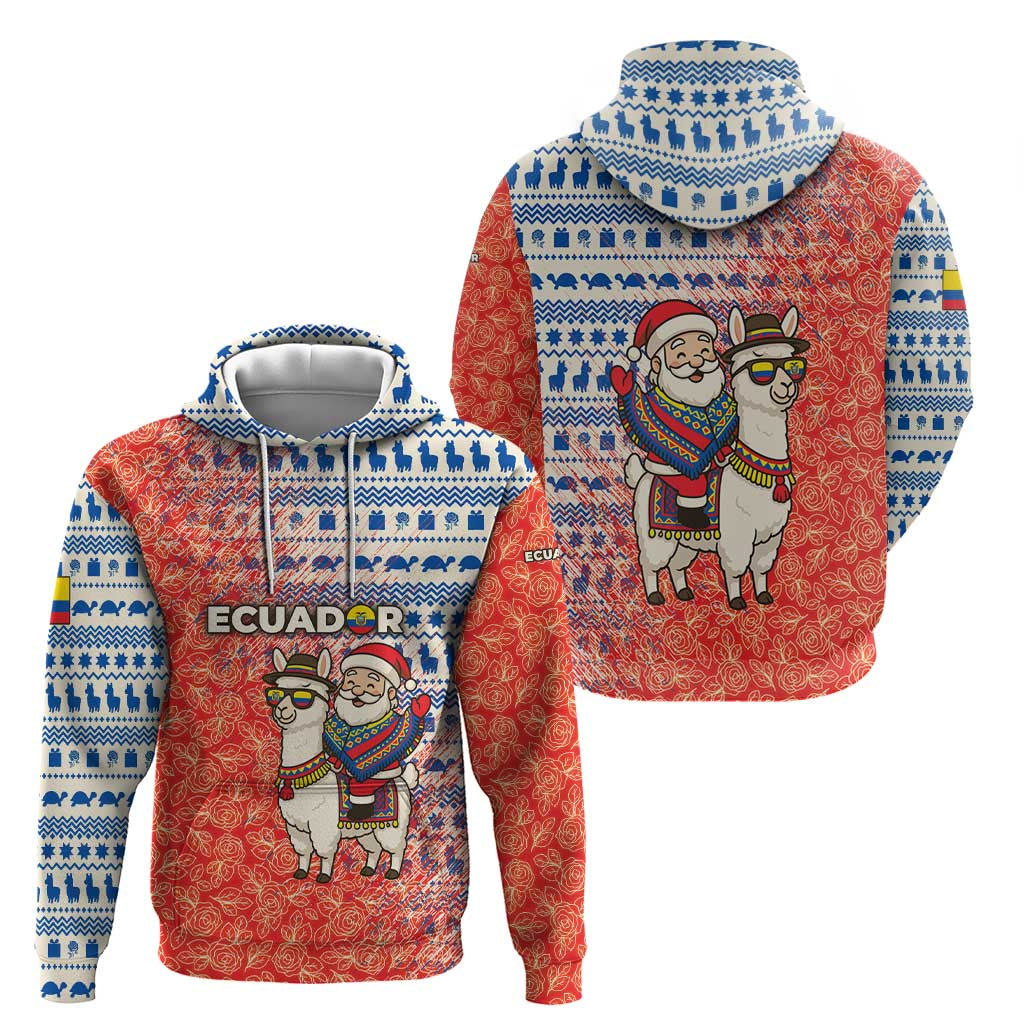 Ecuador Christmas Hoodie with Santa Riding Llama Traditional Patterns and Rose Design TS04