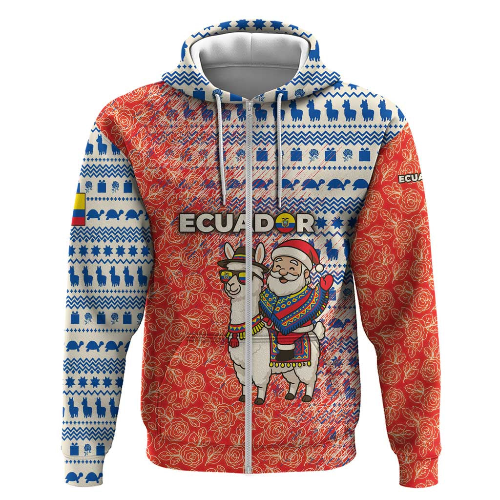 Ecuador Christmas Hoodie with Santa Riding Llama Traditional Patterns and Rose Design TS04