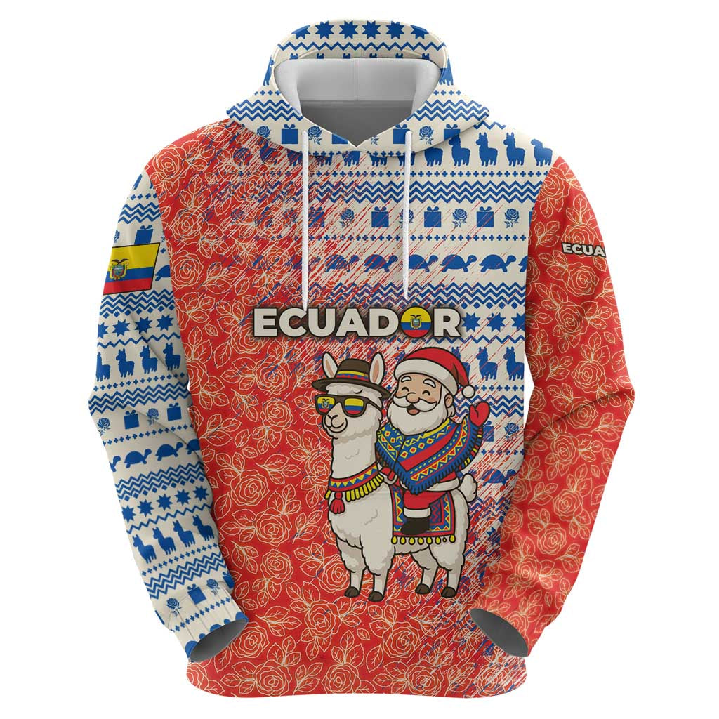 Ecuador Christmas Hoodie with Santa Riding Llama Traditional Patterns and Rose Design TS04