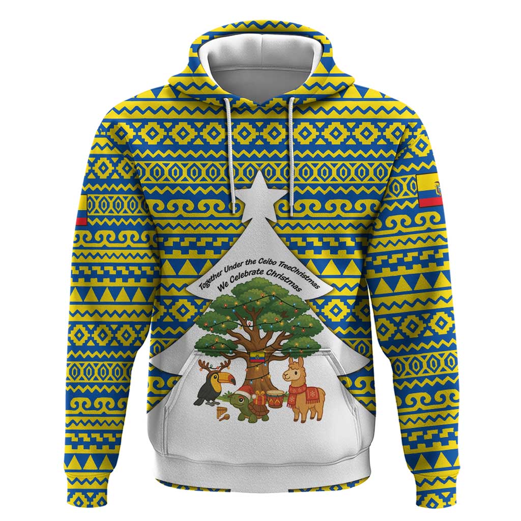 Ecuador Christmas Hoodie with Ceibo Tree Llama Toucan and Traditional Yellow Blue Pattern Design TS04