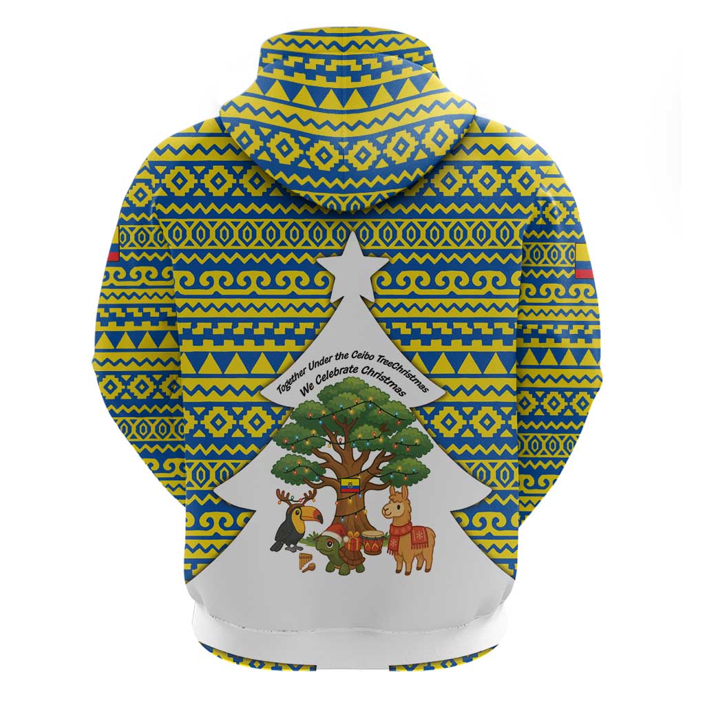 Ecuador Christmas Hoodie with Ceibo Tree Llama Toucan and Traditional Yellow Blue Pattern Design TS04