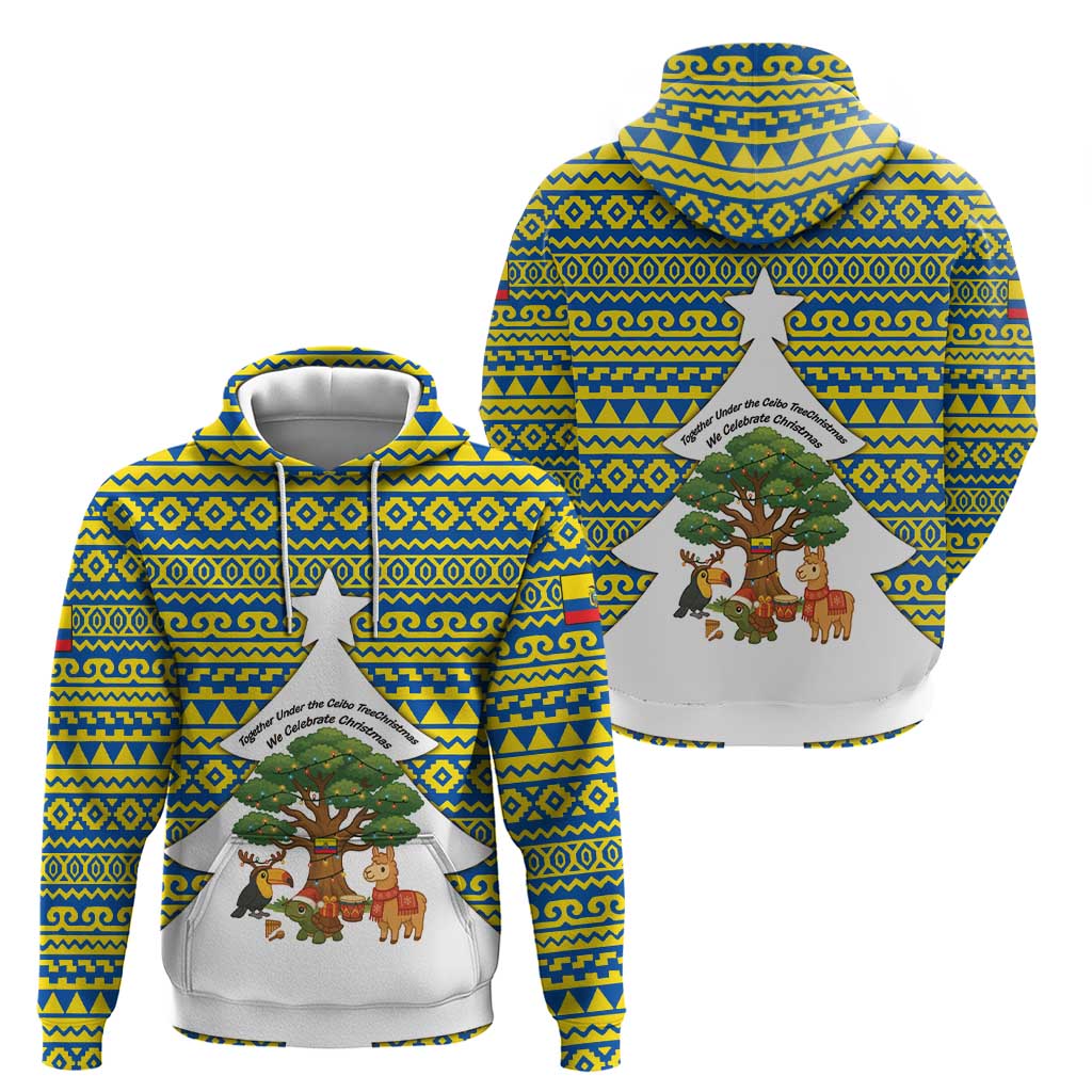Ecuador Christmas Hoodie with Ceibo Tree Llama Toucan and Traditional Yellow Blue Pattern Design TS04