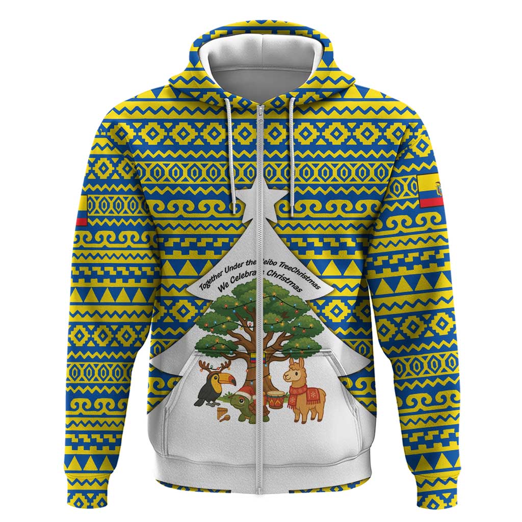 Ecuador Christmas Hoodie with Ceibo Tree Llama Toucan and Traditional Yellow Blue Pattern Design TS04