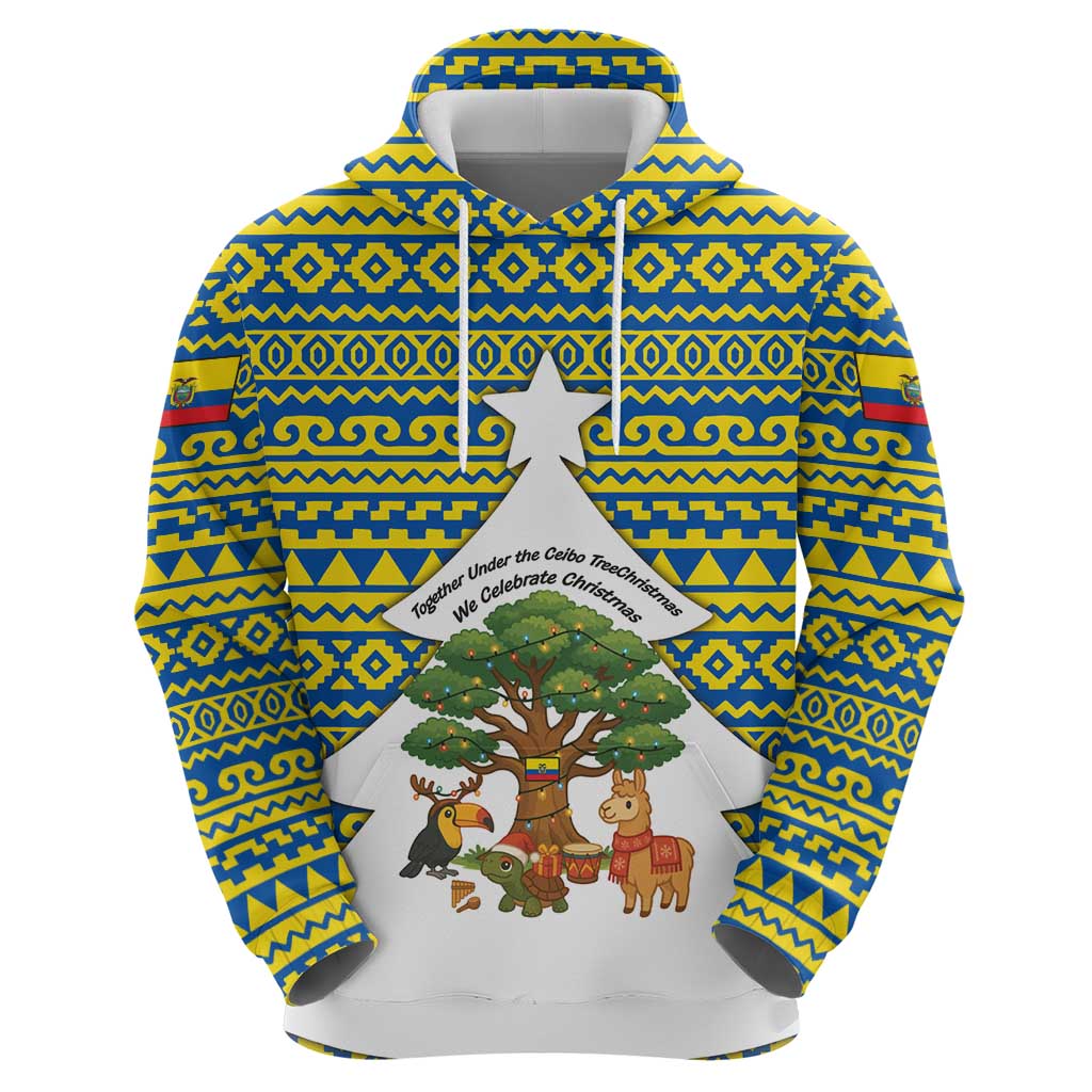 Ecuador Christmas Hoodie with Ceibo Tree Llama Toucan and Traditional Yellow Blue Pattern Design TS04