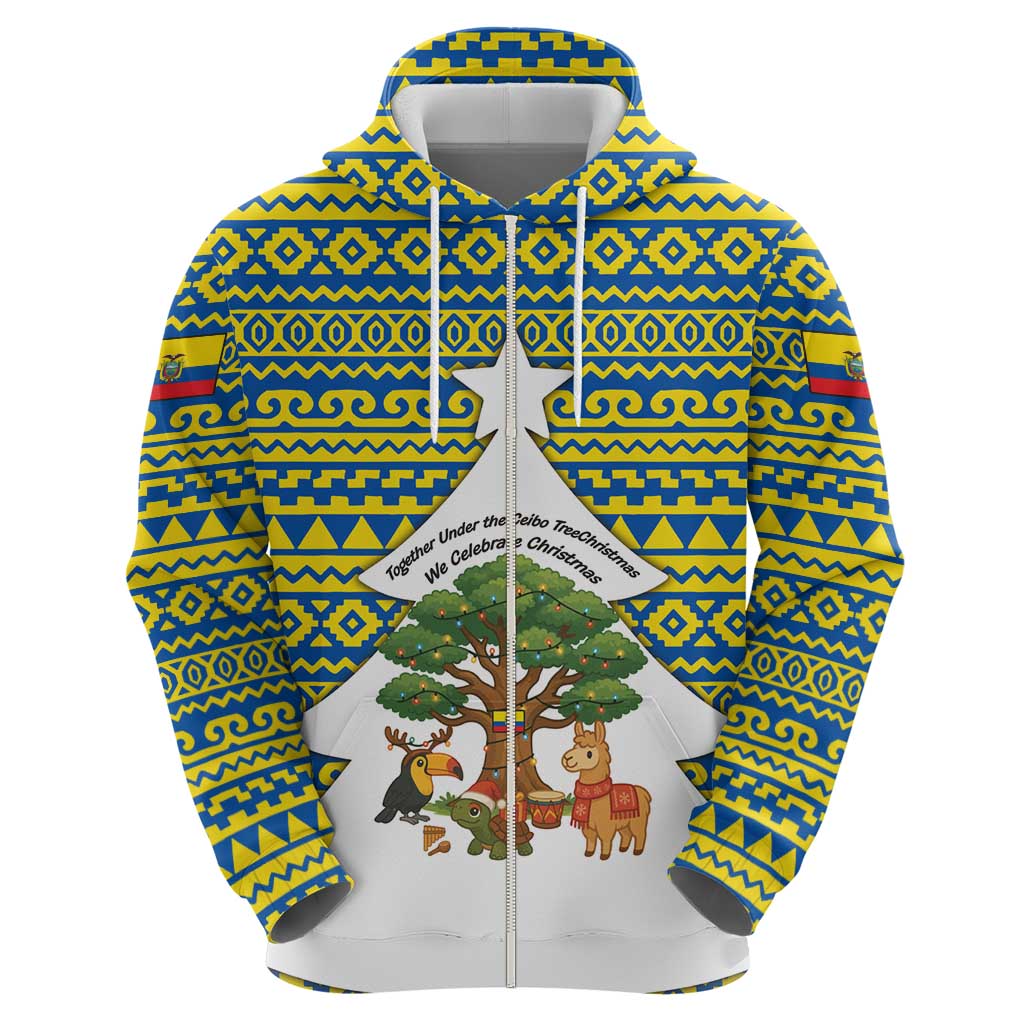 Ecuador Christmas Hoodie with Ceibo Tree Llama Toucan and Traditional Yellow Blue Pattern Design TS04