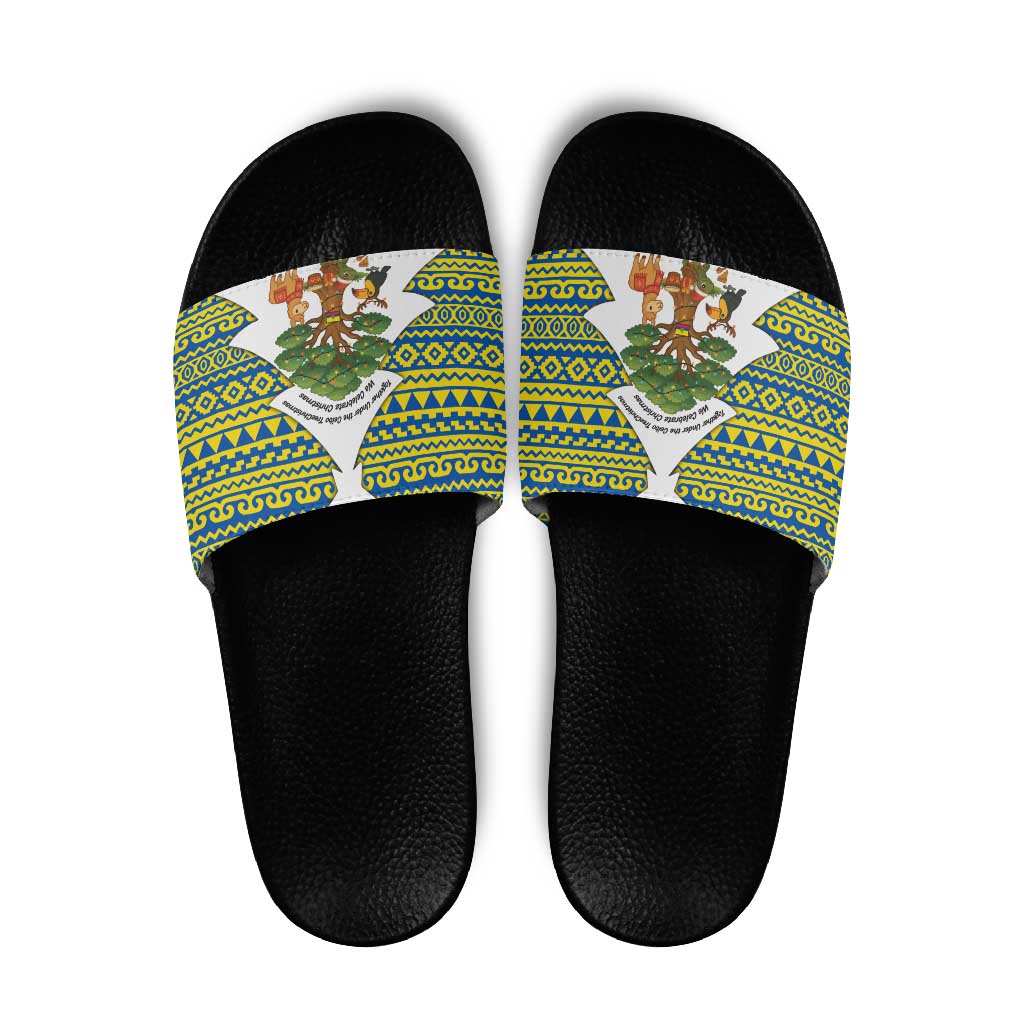 Ecuador Christmas Slide Sandals with Ceibo Tree Llama Toucan and Traditional Yellow Blue Pattern Design TS04