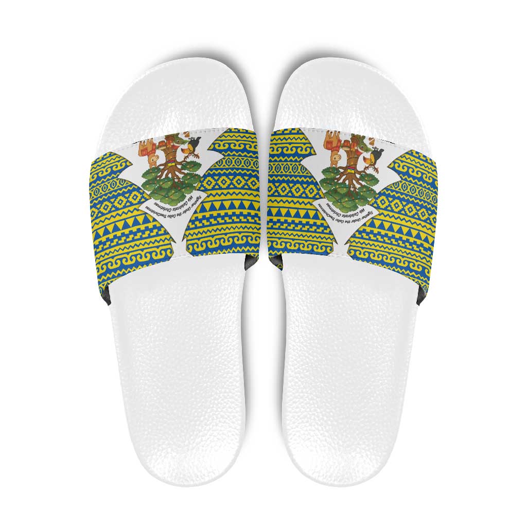 Ecuador Christmas Slide Sandals with Ceibo Tree Llama Toucan and Traditional Yellow Blue Pattern Design TS04