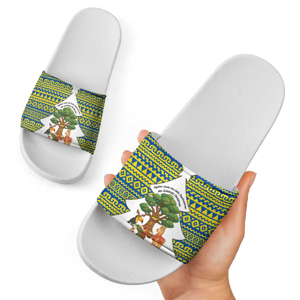 Ecuador Christmas Slide Sandals with Ceibo Tree Llama Toucan and Traditional Yellow Blue Pattern Design TS04