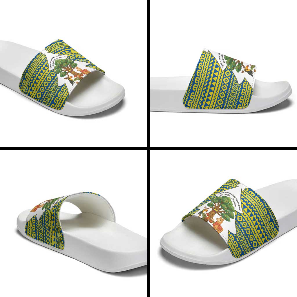 Ecuador Christmas Slide Sandals with Ceibo Tree Llama Toucan and Traditional Yellow Blue Pattern Design TS04