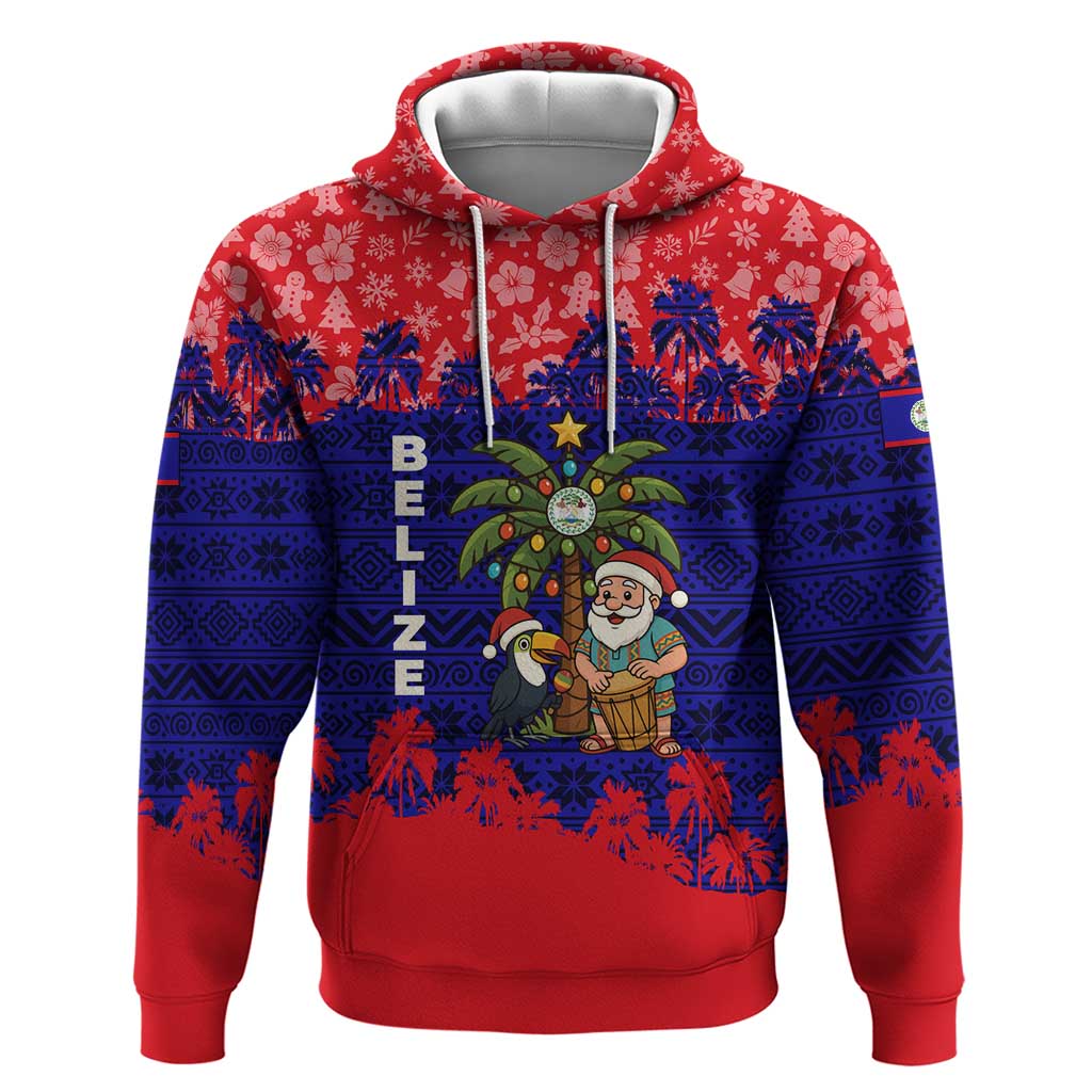 Belize Christmas Hoodie with Santa Toucan Palm Tree and Tribal Holiday Pattern TS04