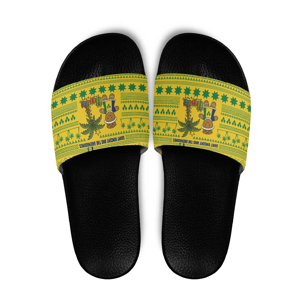Saint Vincent and the Grenadines Christmas Slide Sandals with Gingerbread Boy Palm Tree and Traditional Pattern TS04