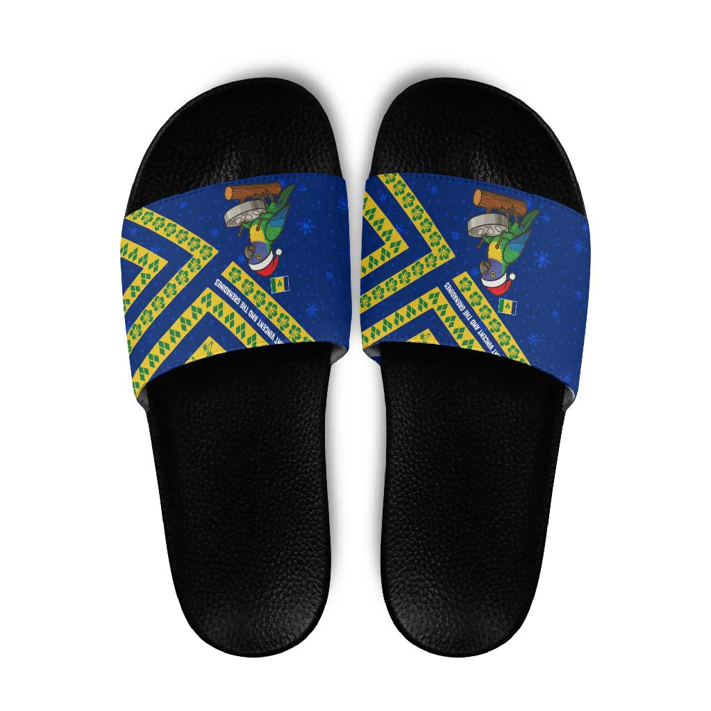 Saint Vincent and the Grenadines Christmas Slide Sandals with Parrot Playing Steelpan and Tropical Pattern Design TS04