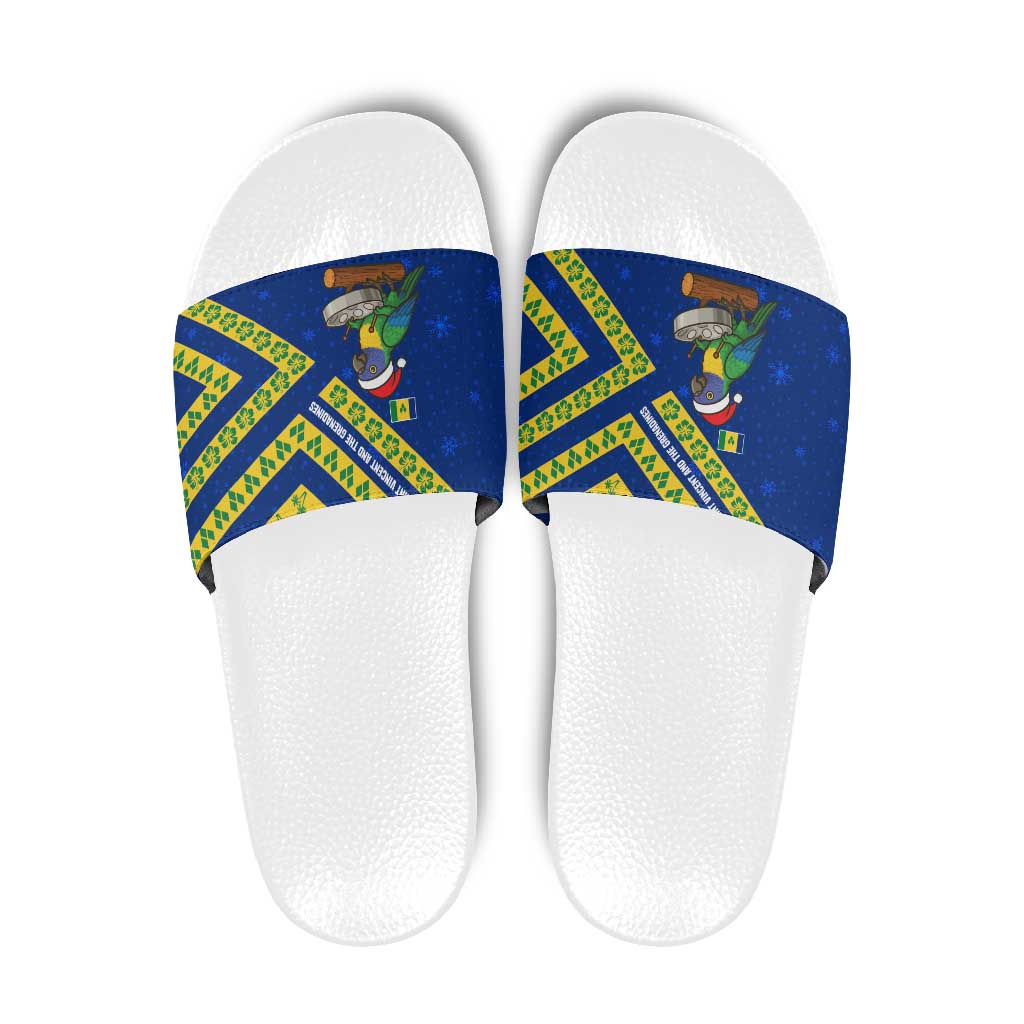 Saint Vincent and the Grenadines Christmas Slide Sandals with Parrot Playing Steelpan and Tropical Pattern Design TS04