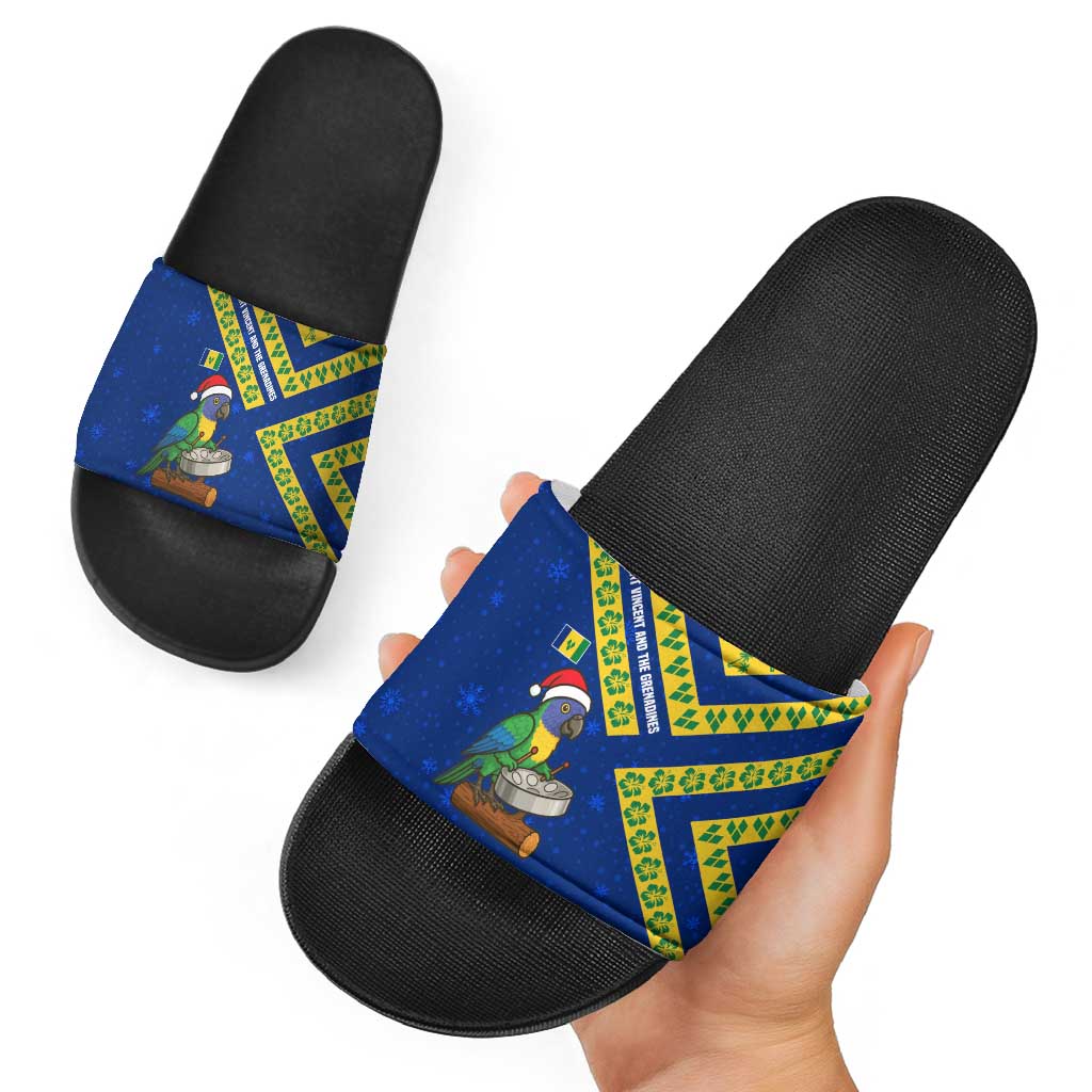 Saint Vincent and the Grenadines Christmas Slide Sandals with Parrot Playing Steelpan and Tropical Pattern Design TS04