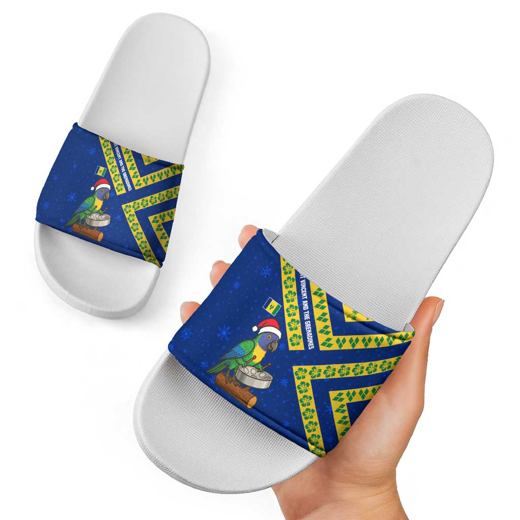 Saint Vincent and the Grenadines Christmas Slide Sandals with Parrot Playing Steelpan and Tropical Pattern Design TS04