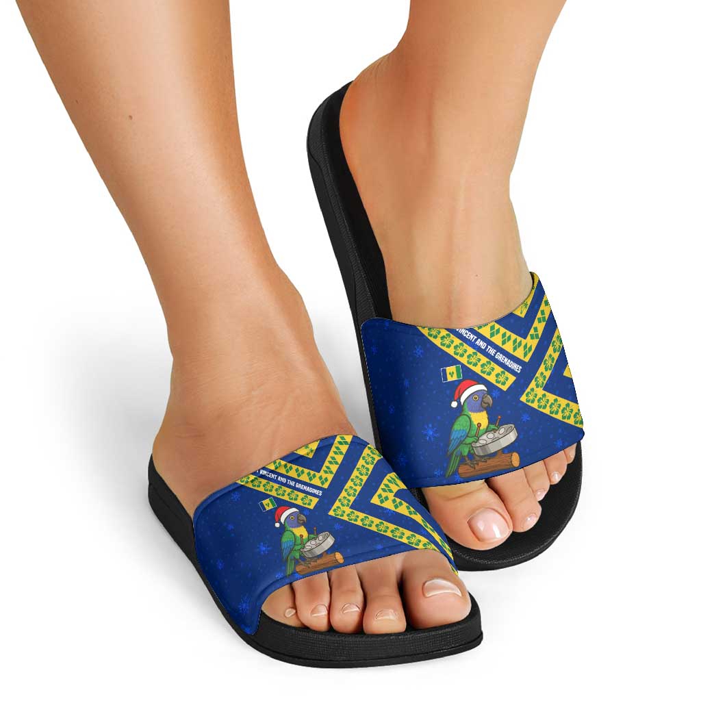 Saint Vincent and the Grenadines Christmas Slide Sandals with Parrot Playing Steelpan and Tropical Pattern Design TS04