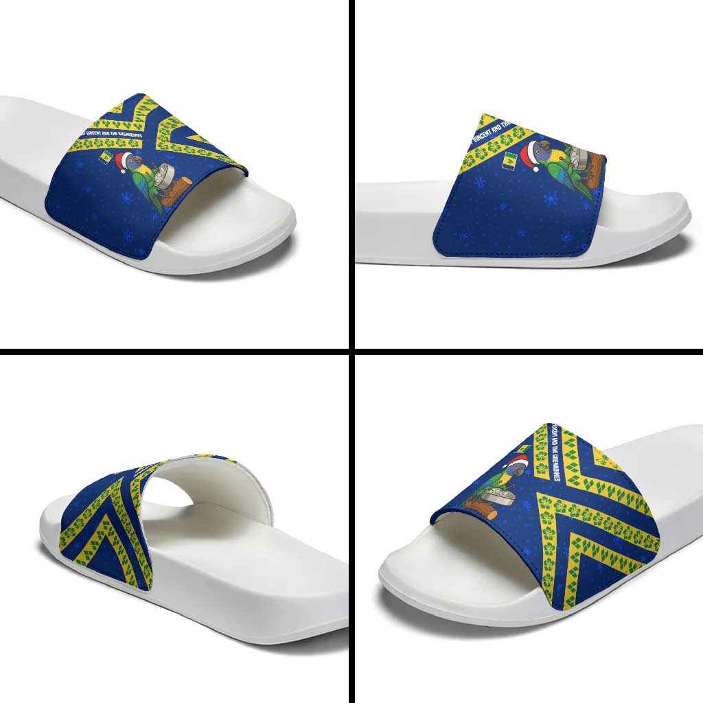 Saint Vincent and the Grenadines Christmas Slide Sandals with Parrot Playing Steelpan and Tropical Pattern Design TS04