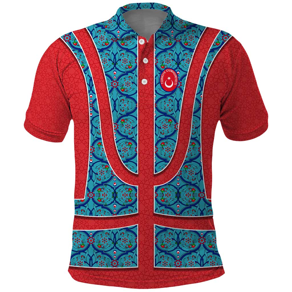 Blue Turkish Traditional Pattern and Red Polo Shirt with National Flag Emblem TS04