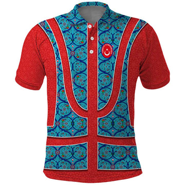 Blue Turkish Traditional Pattern and Red Polo Shirt with National Flag Emblem TS04