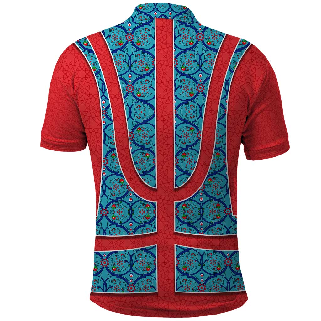 Blue Turkish Traditional Pattern and Red Polo Shirt with National Flag Emblem TS04