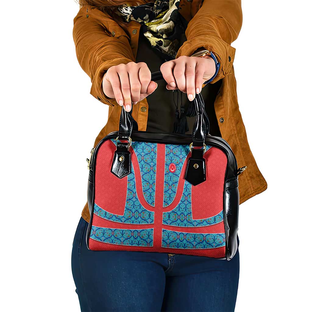 Blue Turkish Traditional Pattern and Red Shoulder Handbag with National Flag Emblem TS04
