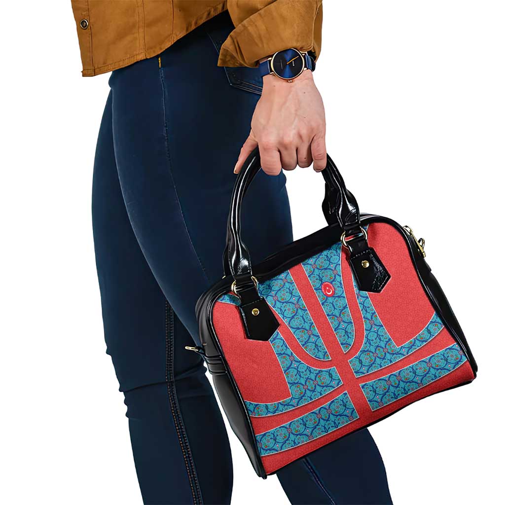 Blue Turkish Traditional Pattern and Red Shoulder Handbag with National Flag Emblem TS04