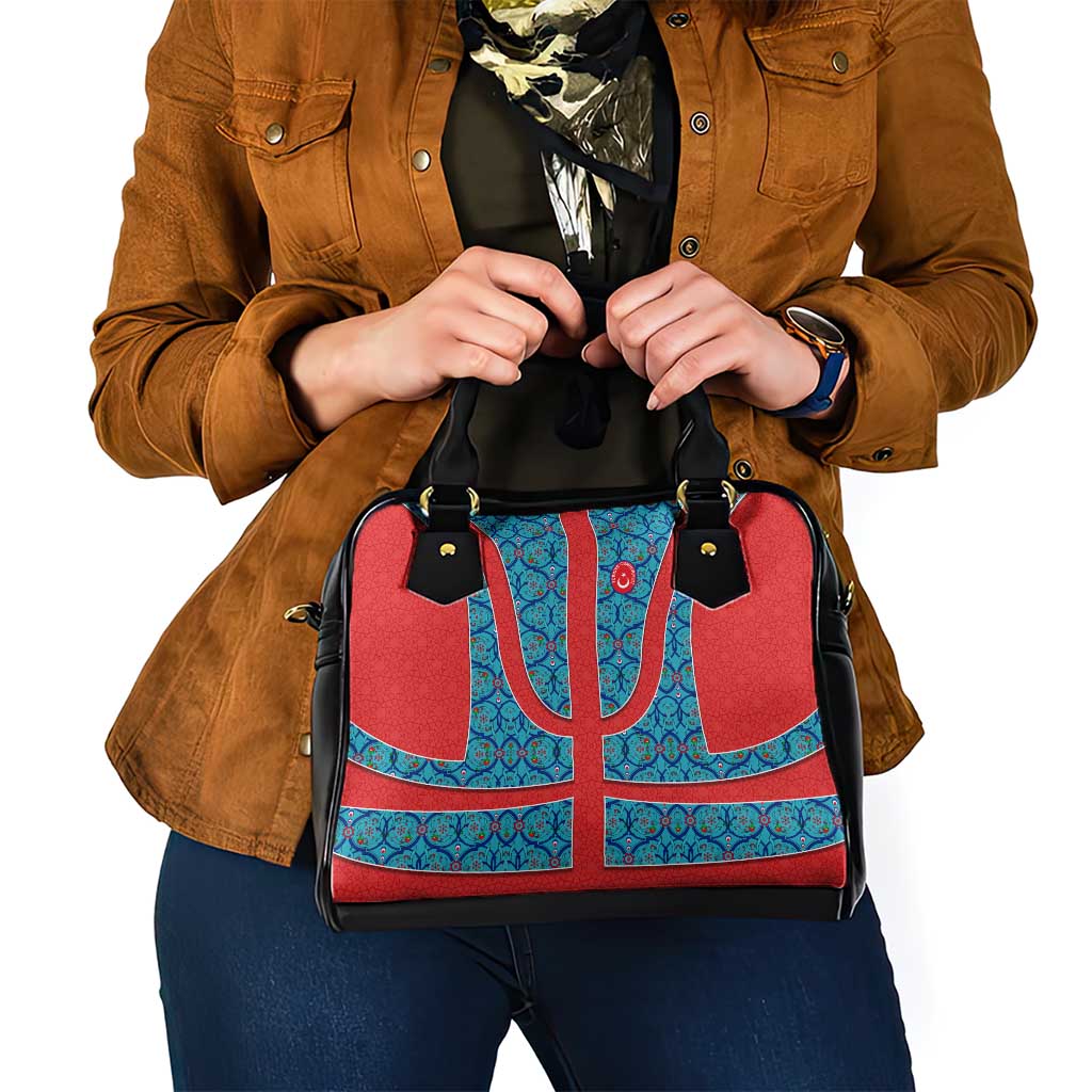 Blue Turkish Traditional Pattern and Red Shoulder Handbag with National Flag Emblem TS04