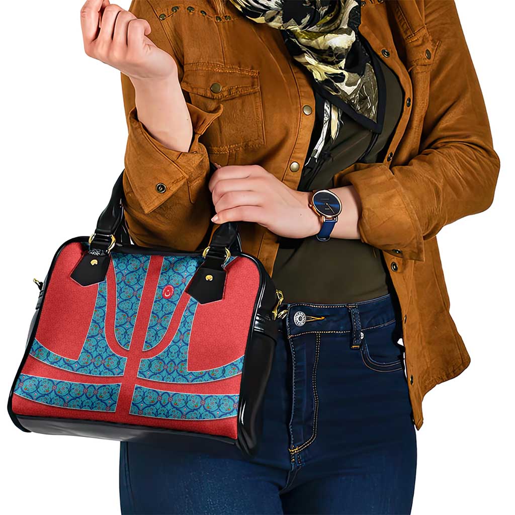 Blue Turkish Traditional Pattern and Red Shoulder Handbag with National Flag Emblem TS04