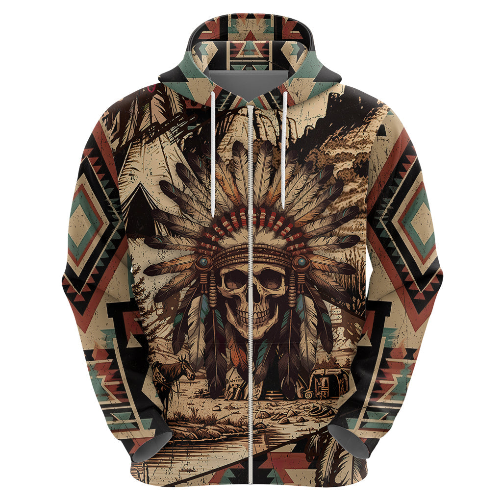 Native American Skull Hoodie with Tribal Prints TS04