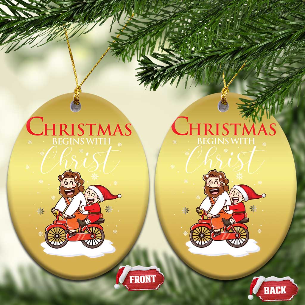 Christmas Begins With Christ Christmas Ornament Jesus Santa Riding Bicycle TS09