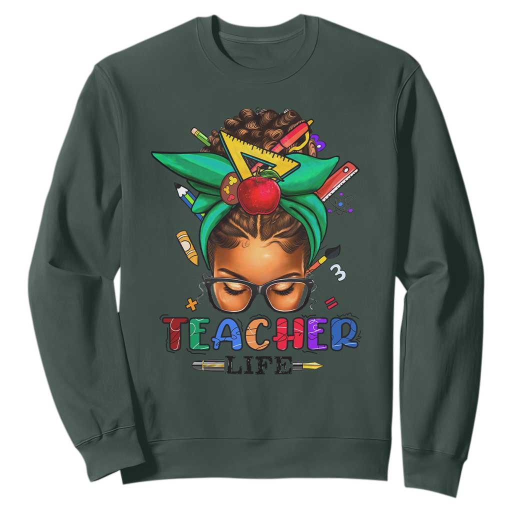 Black Teacher Life Sweatshirt Messy Bun African American Educate TS09