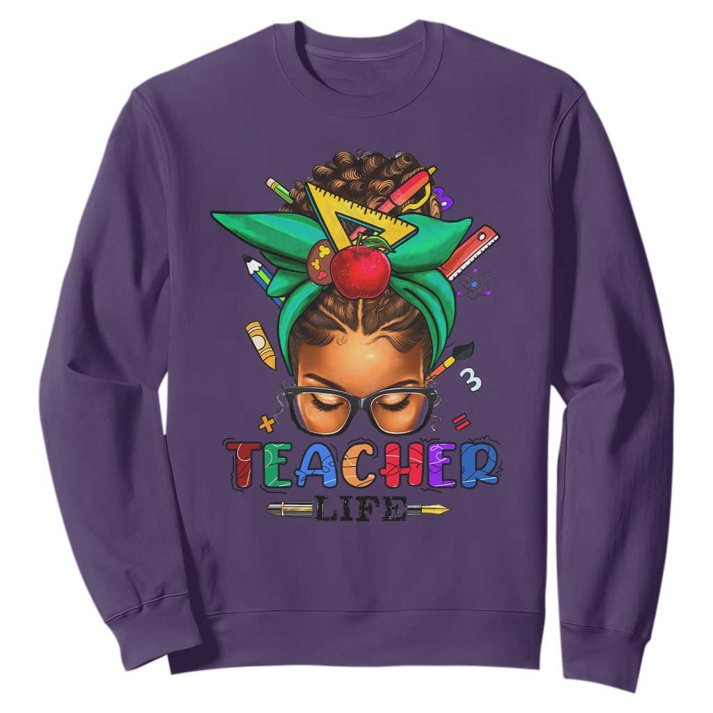 Black Teacher Life Sweatshirt Messy Bun African American Educate TS09