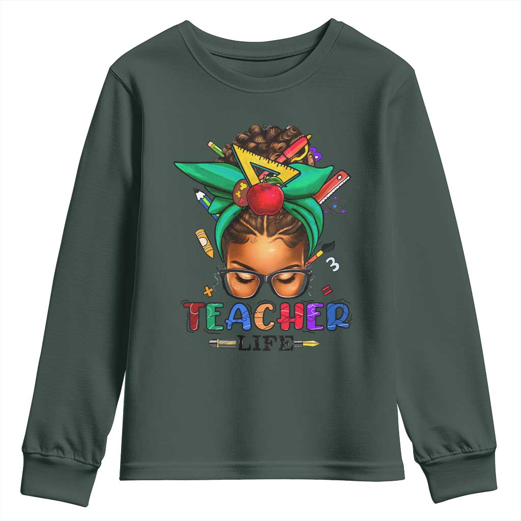 Black Teacher Life Youth Sweatshirt Messy Bun African American Educate TS09