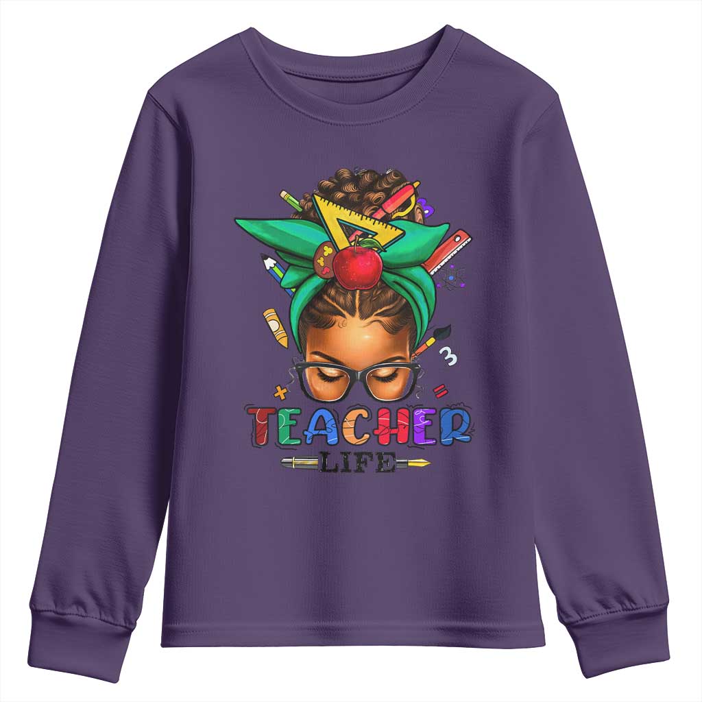Black Teacher Life Youth Sweatshirt Messy Bun African American Educate TS09