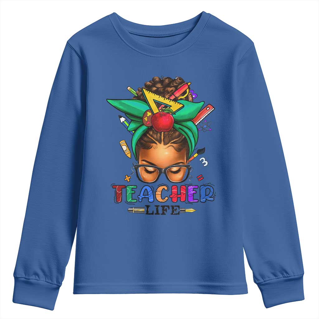 Black Teacher Life Youth Sweatshirt Messy Bun African American Educate TS09
