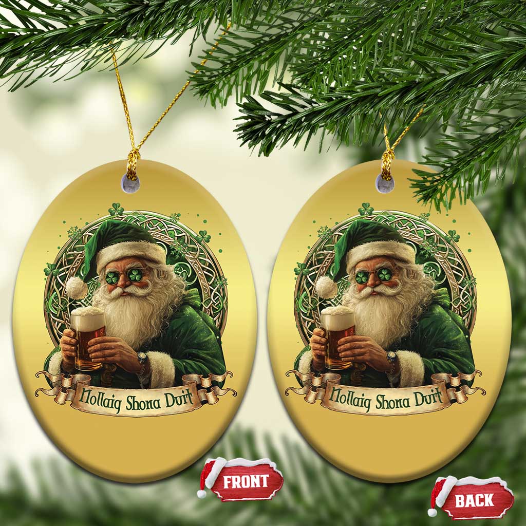 Irish Xmas Christmas Ornament Nollaig Shona Duit Shamrock Santa Drinking Beer TS09