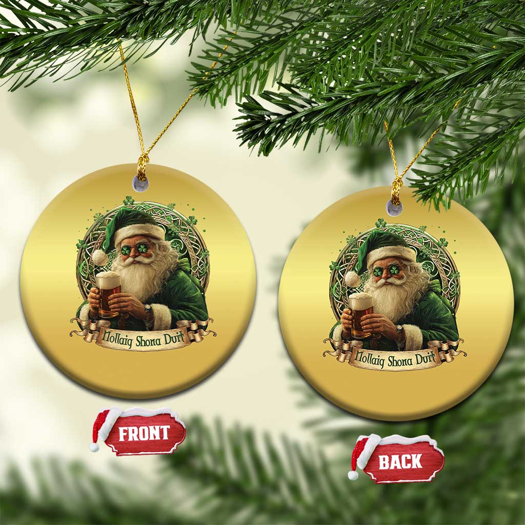 Irish Xmas Christmas Ornament Nollaig Shona Duit Shamrock Santa Drinking Beer TS09