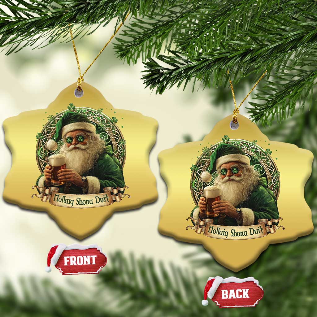 Irish Xmas Christmas Ornament Nollaig Shona Duit Shamrock Santa Drinking Beer TS09