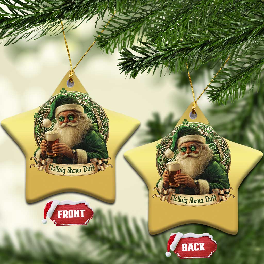 Irish Xmas Christmas Ornament Nollaig Shona Duit Shamrock Santa Drinking Beer TS09