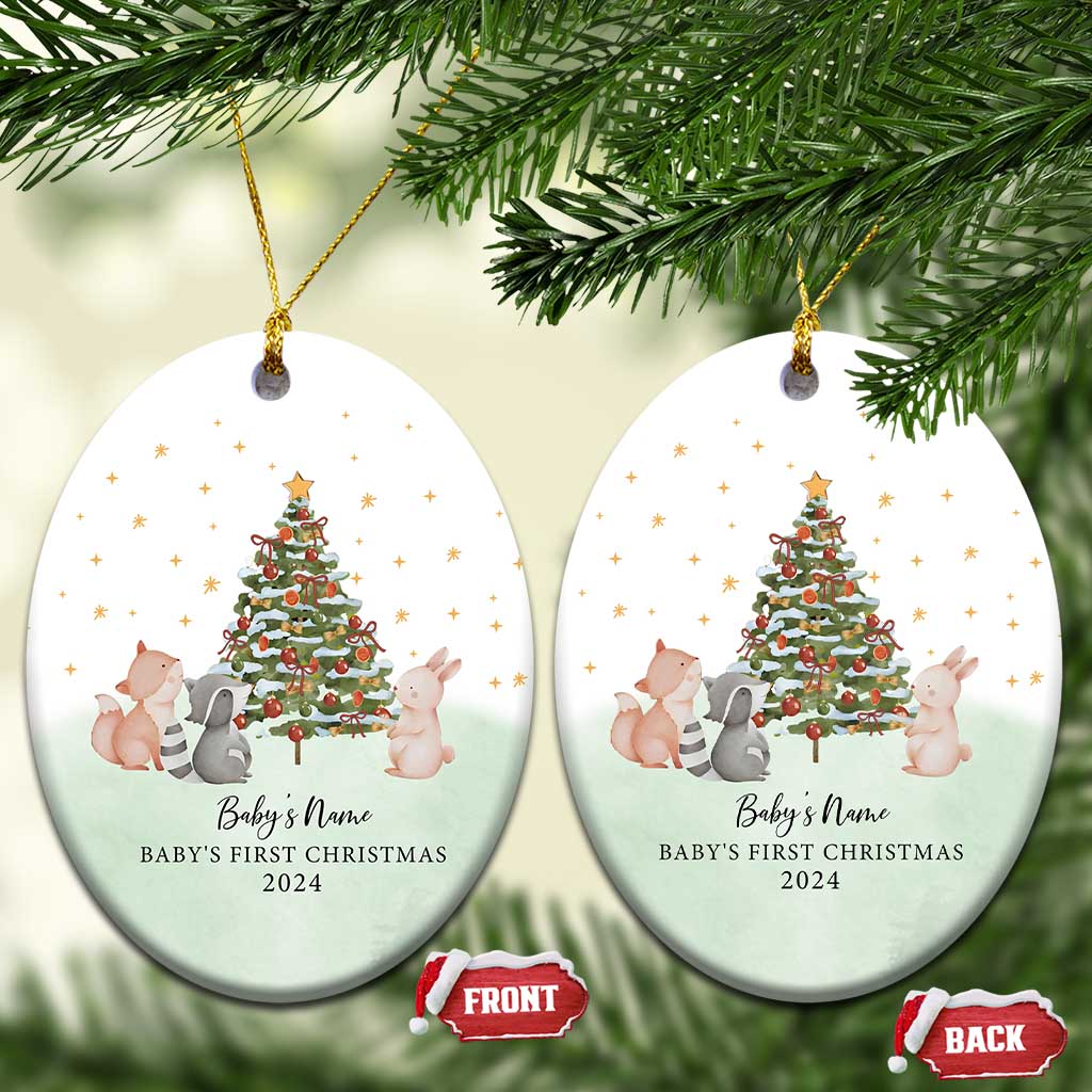 Personalized Baby First Christmas Ornament 2024 Custom Baby Name Woodland Animals TS10